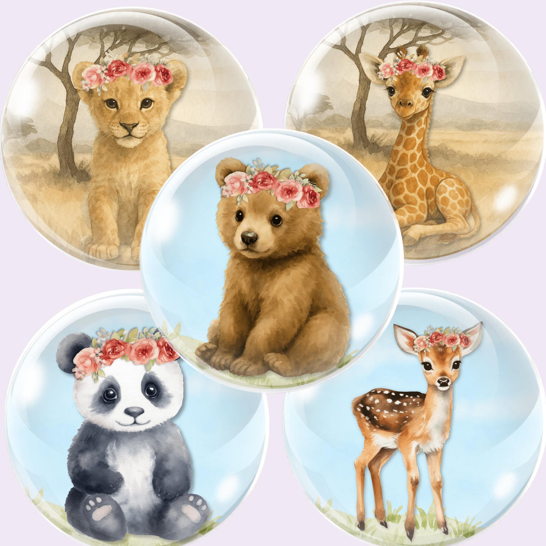 Set of five animal images cabochon circles with floral crowns on a light purple background