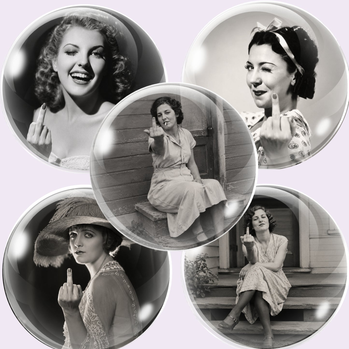 Five circular glossy cabochon circle images featuring vintage black-and-white photographs of women posing and gesturing, arranged in a collage on a pale lavender background.