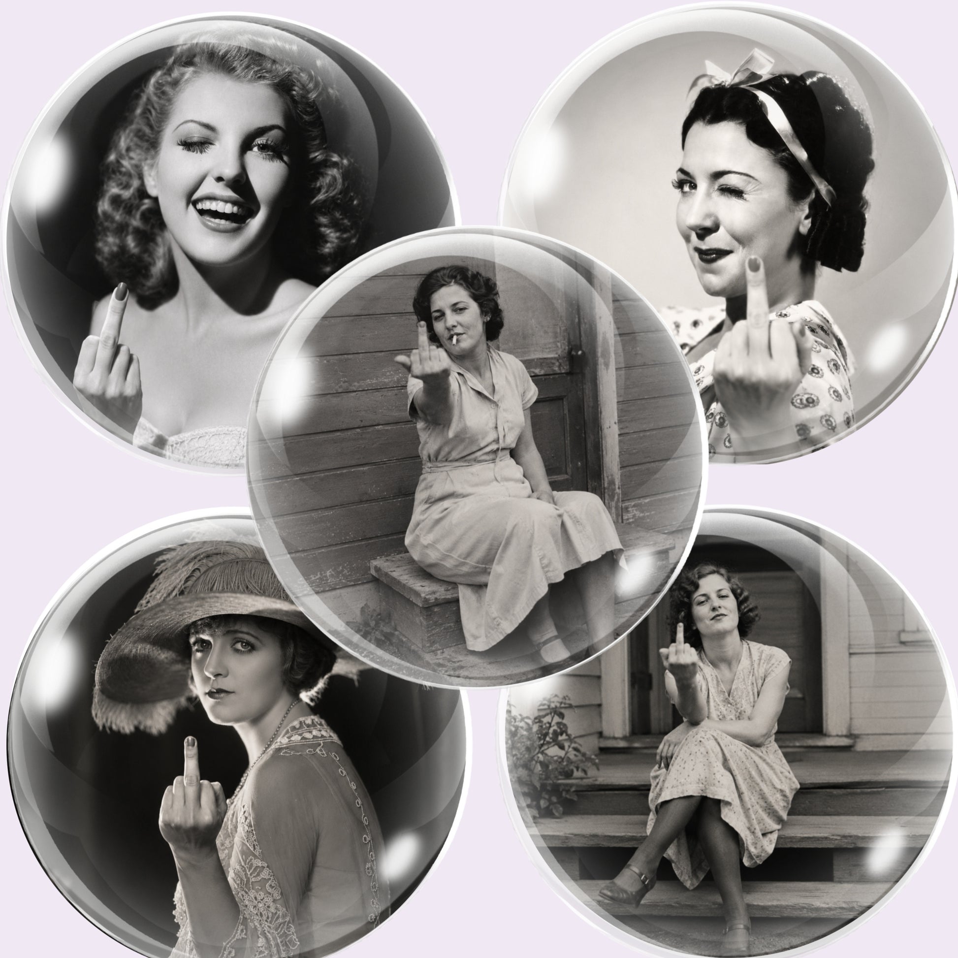 Five circular glossy cabochon circle images featuring vintage black-and-white photographs of women posing and gesturing, arranged in a collage on a pale lavender background.