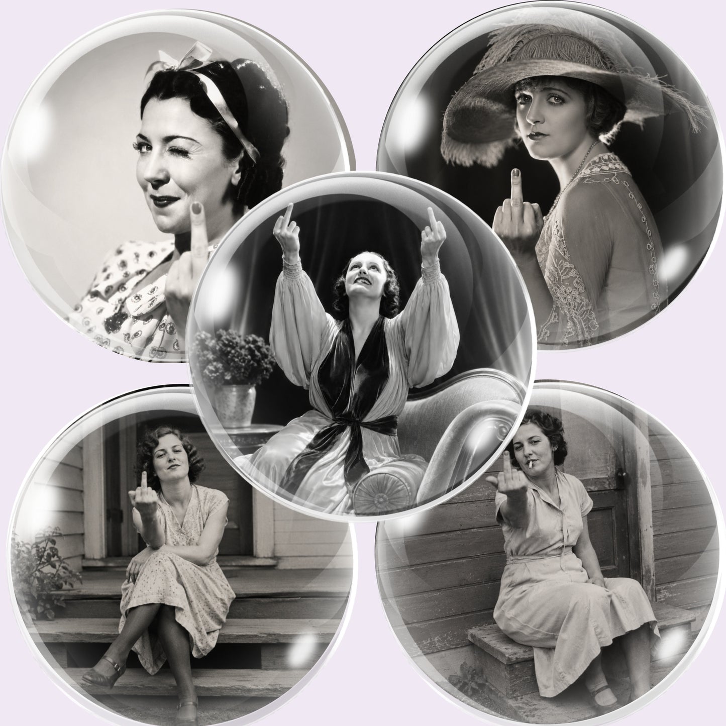 Five circular glossy cabochon images featuring vintage black-and-white photographs of women, arranged in a collage on a pale lavender background. The central ornament overlaps the others, and all pieces have a reflective glass-like border.