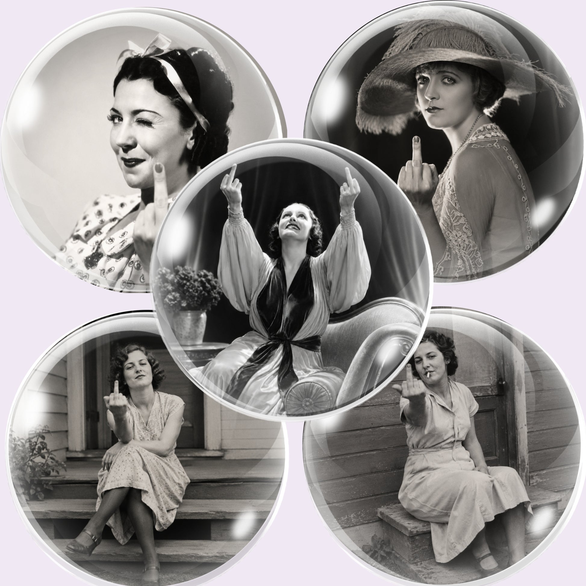 Five circular glossy cabochon images featuring vintage black-and-white photographs of women, arranged in a collage on a pale lavender background. The central ornament overlaps the others, and all pieces have a reflective glass-like border.