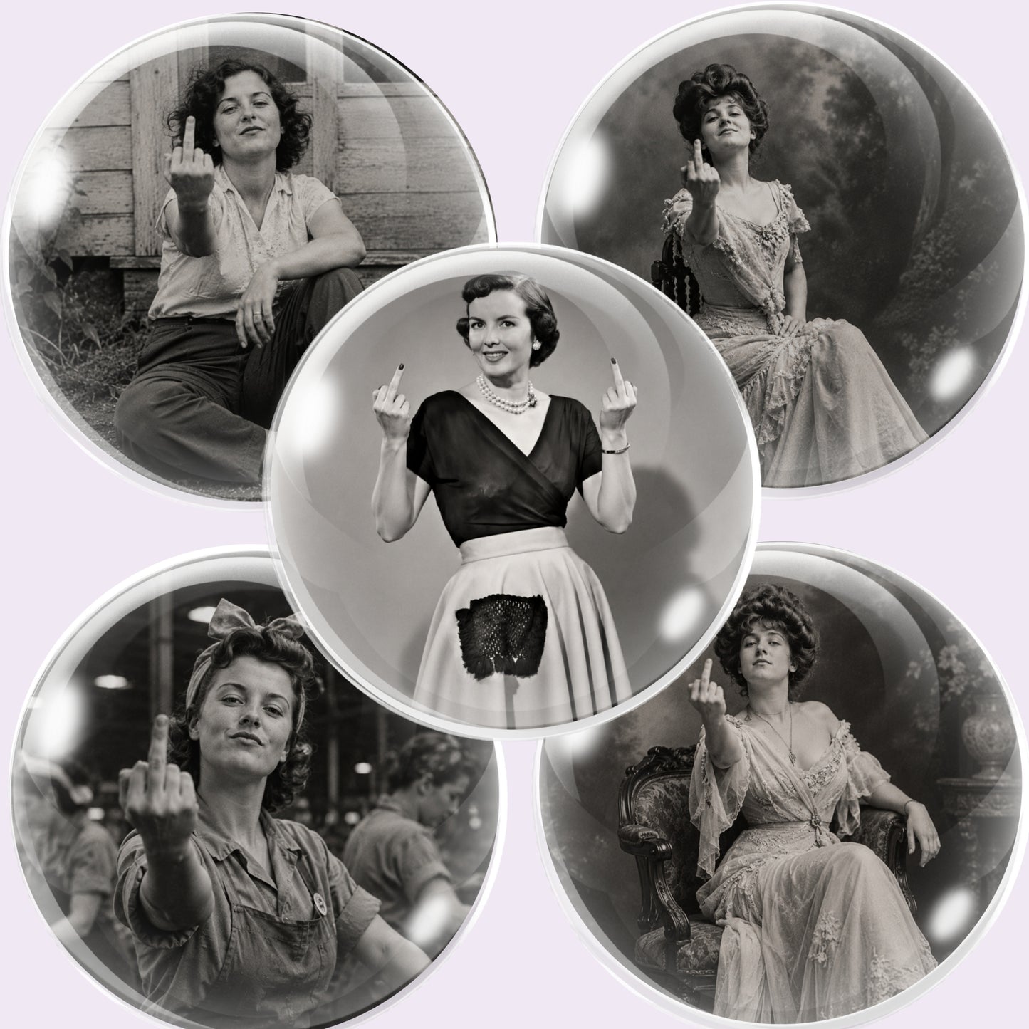 A set of five circular glass cabochon images featuring vintage-inspired black-and-white images of women, including one central portrait and four surrounding portraits, all arranged on a light lavender background.