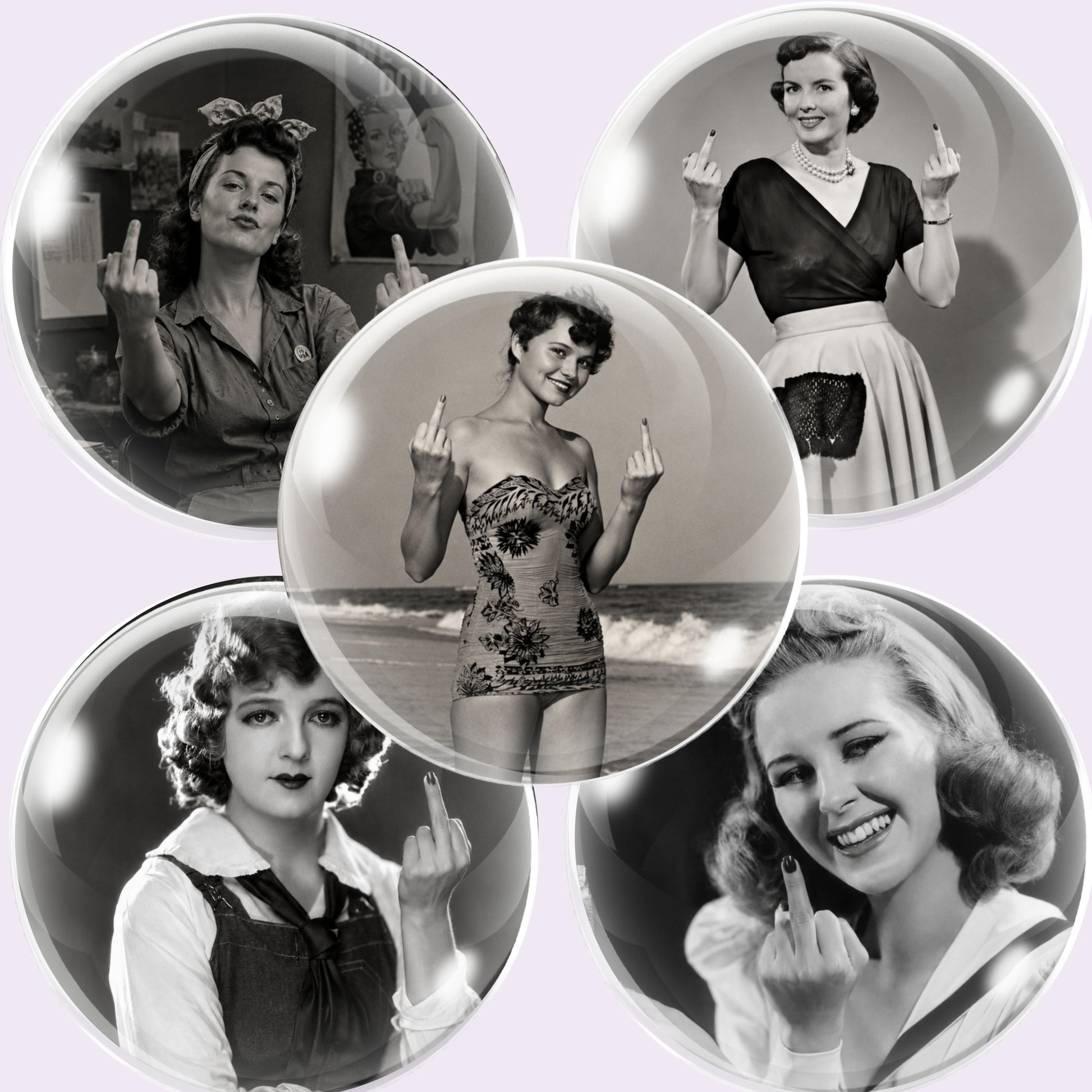 Five circular glossy cabochon images featuring vintage-inspired black-and-white photographs of sassy retro women gesturing with their middle fingers