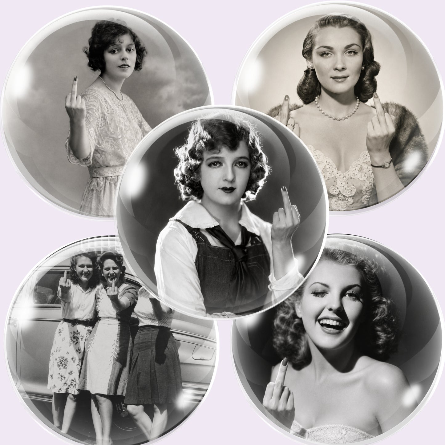 Five circular glossy cabochon images featuring black-and-white vintage portraits of a woman making the middle finger, arranged on a pale lavender background.