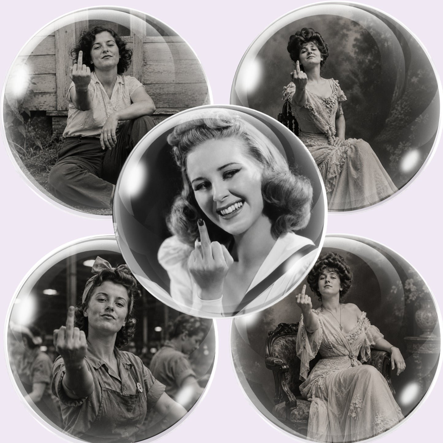 Five circular glossy cabochon images featuring vintage black-and-white photographs of women, including one central portrait showing a hand gesture. The images are arranged on a pale lavender background.