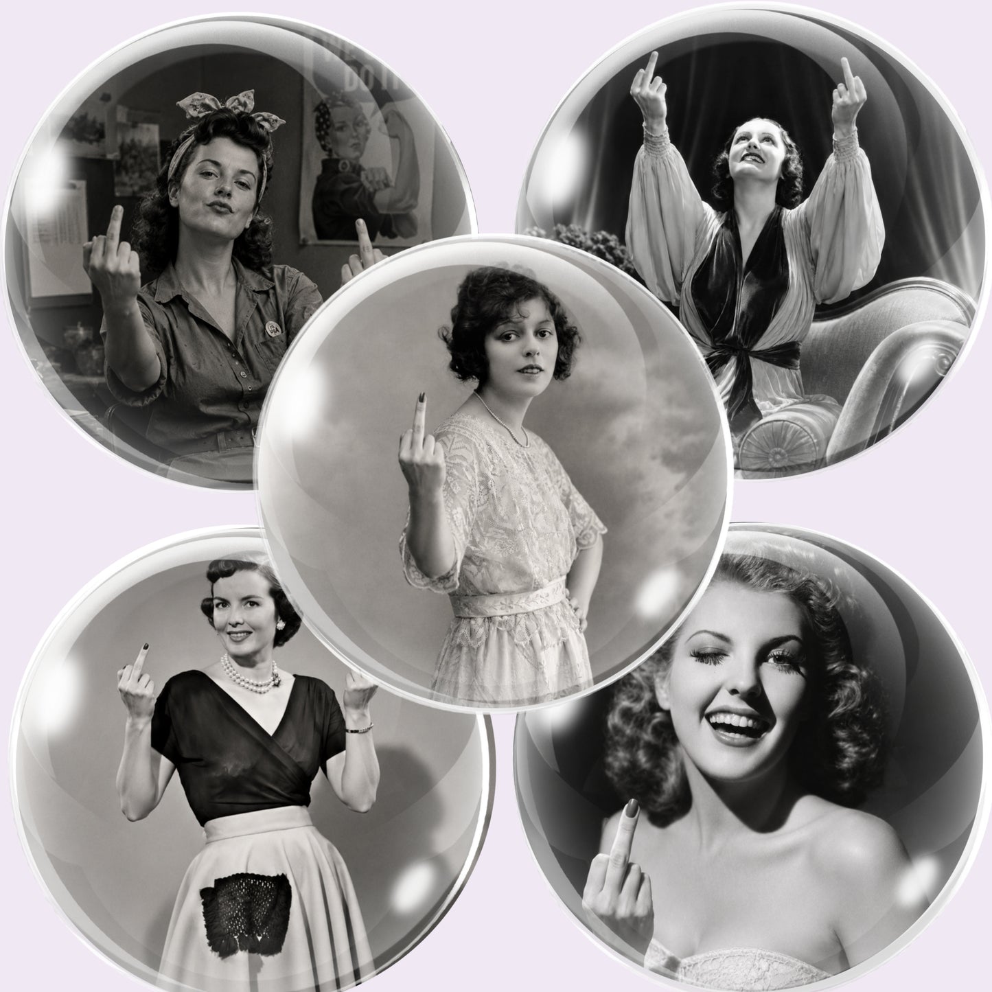 Five circular glossy cabochon images featuring black-and-white vintage portraits of women, each holding up their middle finger, arranged on a pale lavender background.