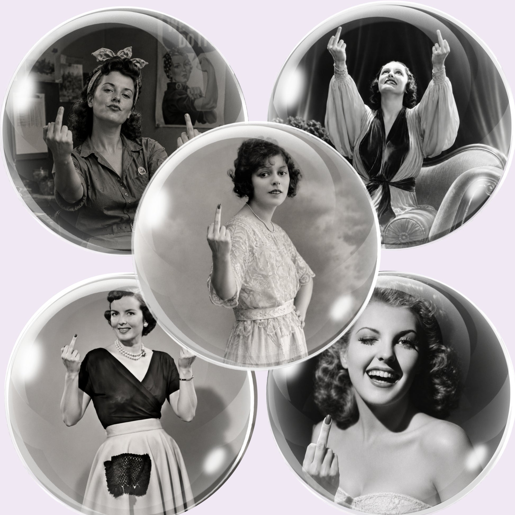 Five circular glossy cabochon images featuring black-and-white vintage portraits of women, each holding up their middle finger, arranged on a pale lavender background.