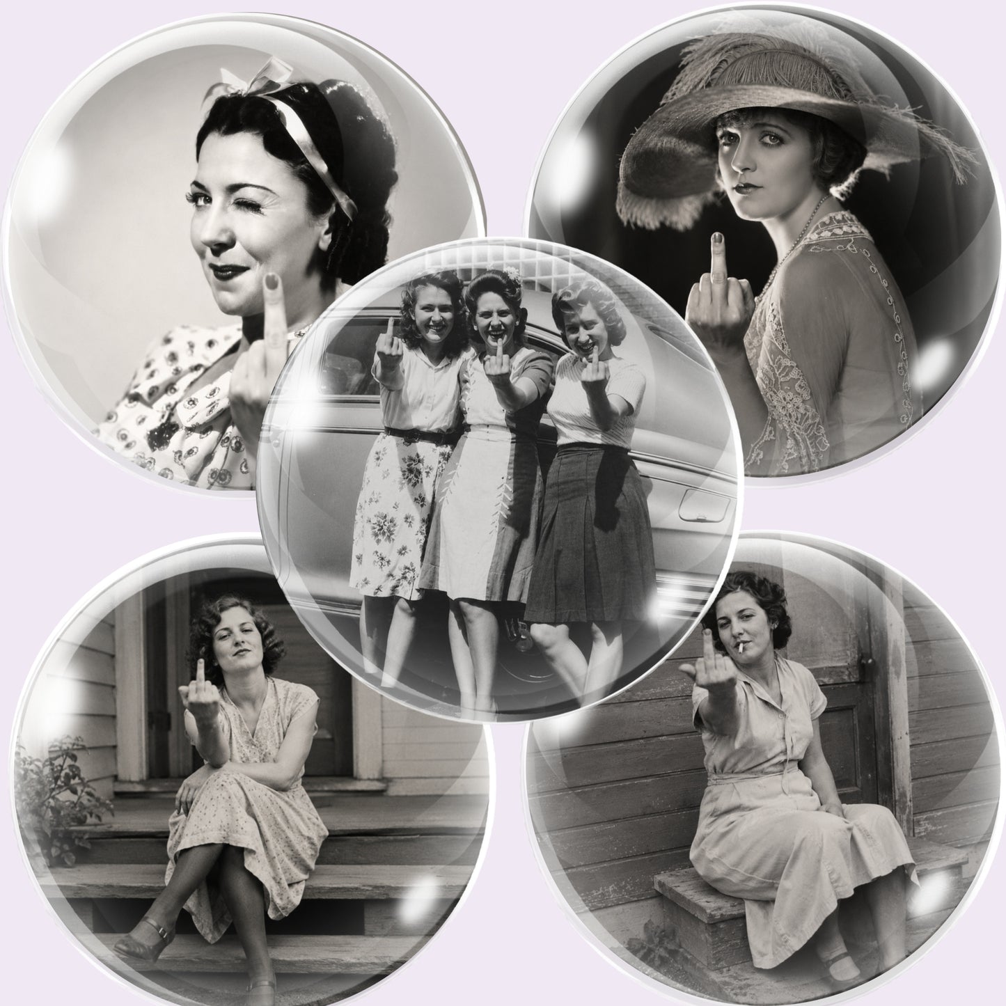 Five round glossy cabochon images featuring black-and-white vintage photographs of women, including one holding up her middle finger, arranged on a pale lavender background.