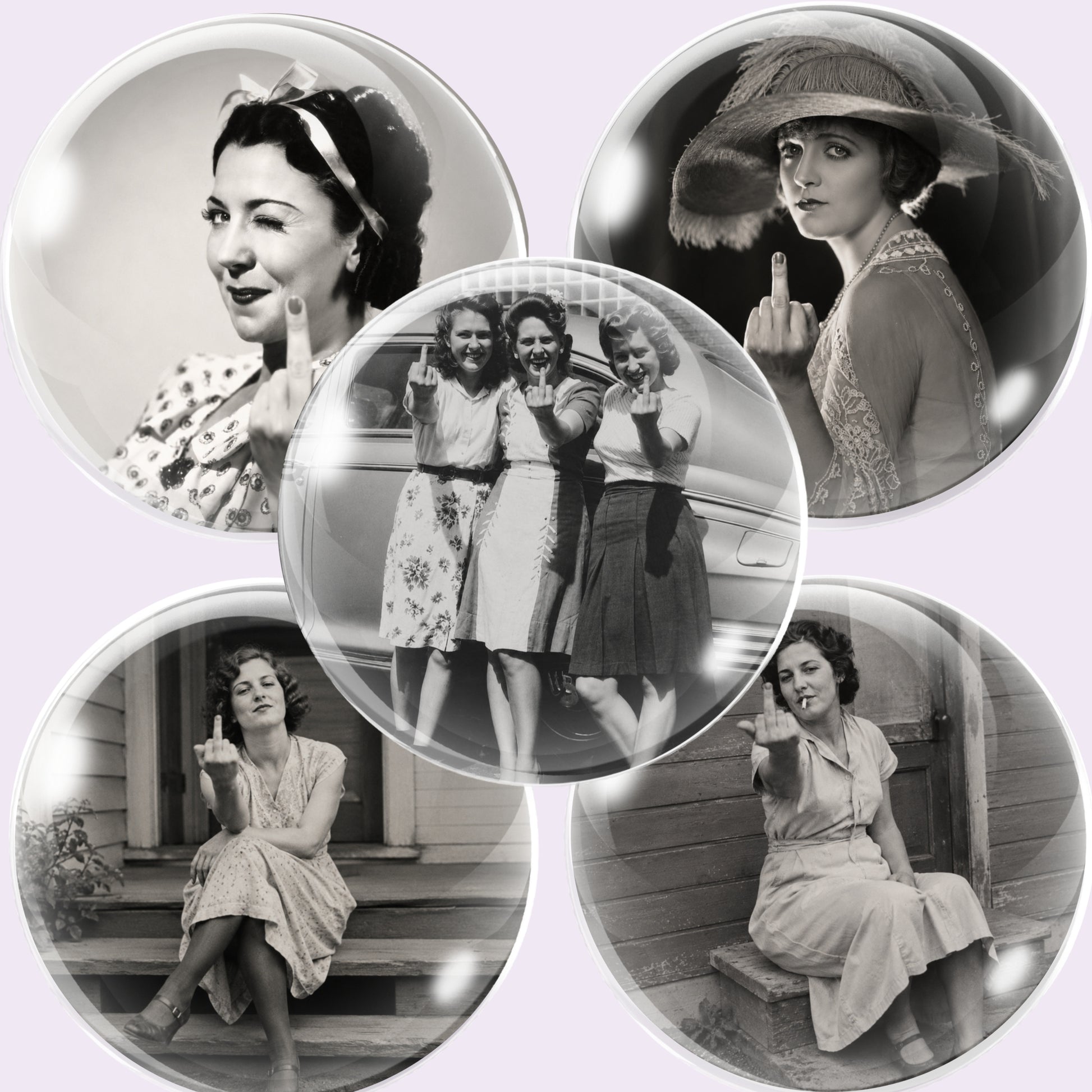 Five round glossy cabochon images featuring black-and-white vintage photographs of women, including one holding up her middle finger, arranged on a pale lavender background.