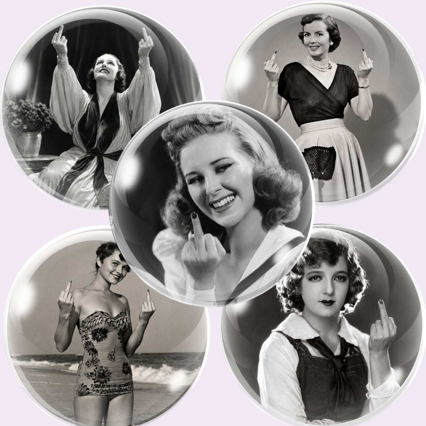 Five circular glossy cabochon images featuring black-and-white vintage images of a woman posing and making the middle finger gesture, arranged on a pale lavender background.