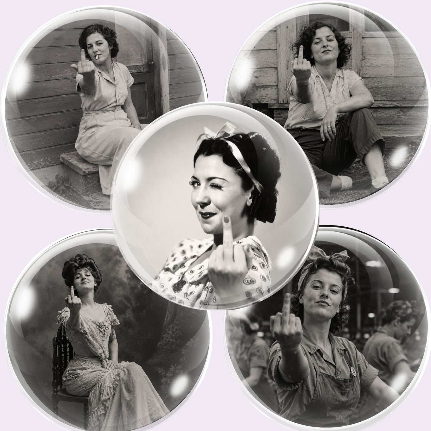 Five circular vintage-style black and white photographs arranged in a collage, each showing a woman posing while gesturing with her middle finger, on a pale lavender background.