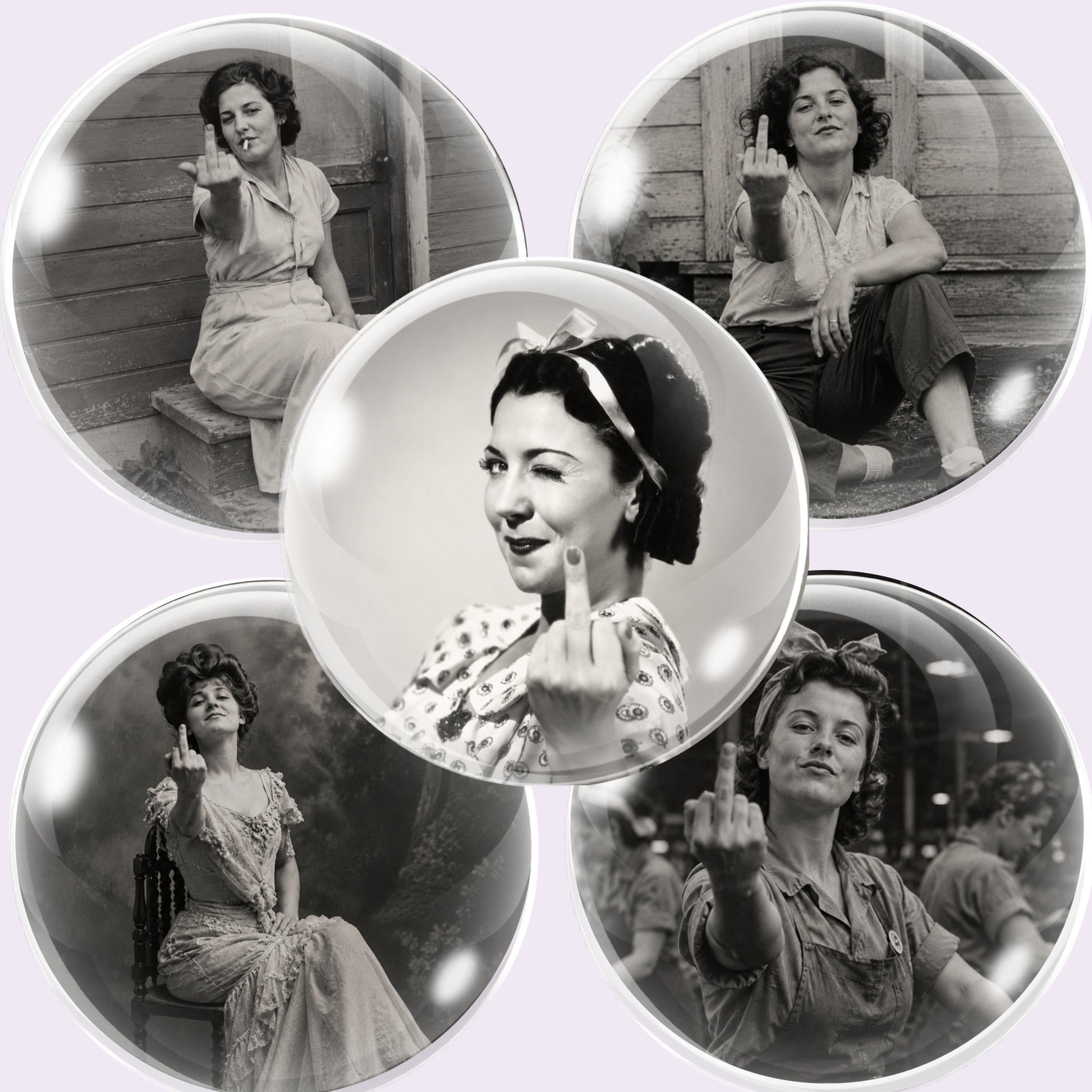 Five circular vintage-style black and white photographs arranged in a collage, each showing a woman posing while gesturing with her middle finger, on a pale lavender background.