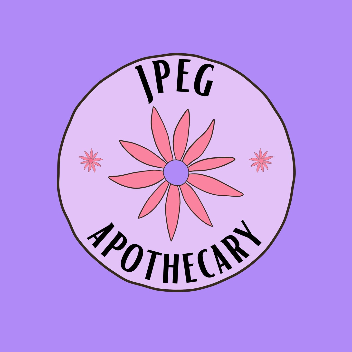 JPEG Apothecary logo with a pink flower on a purple background