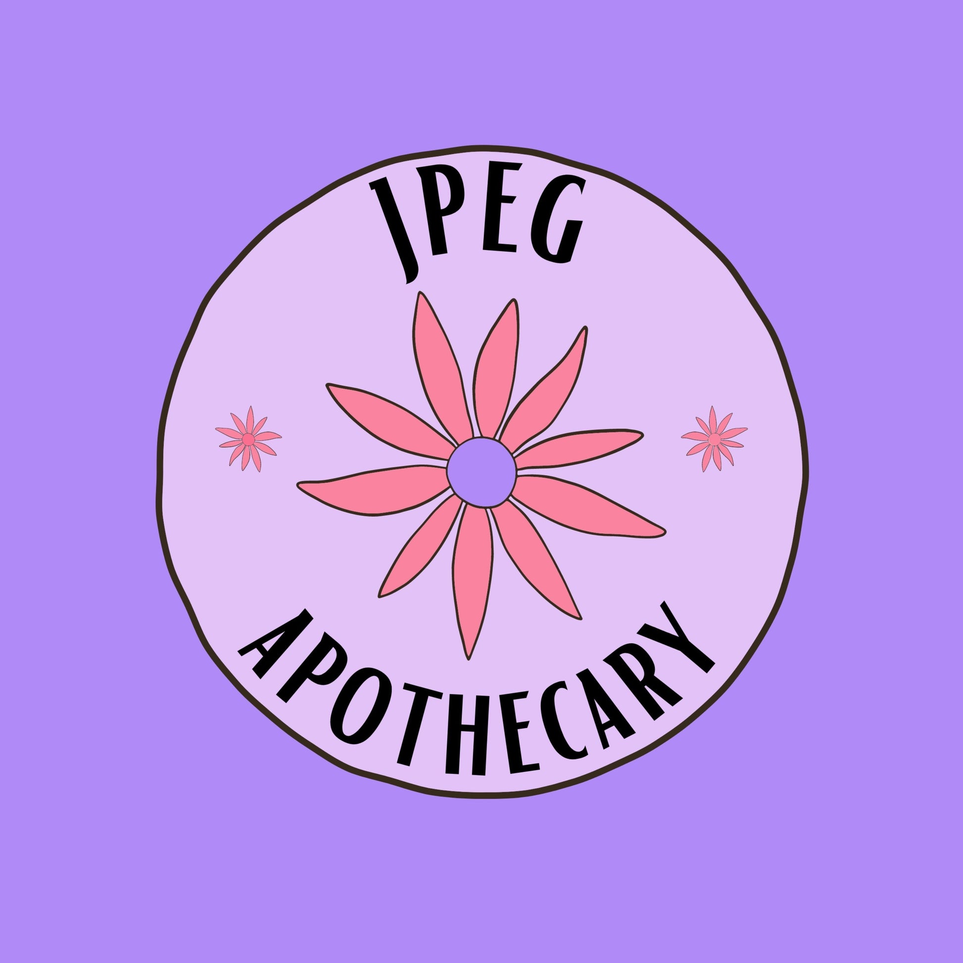 JPEG Apothecary logo with a pink flower on a purple background