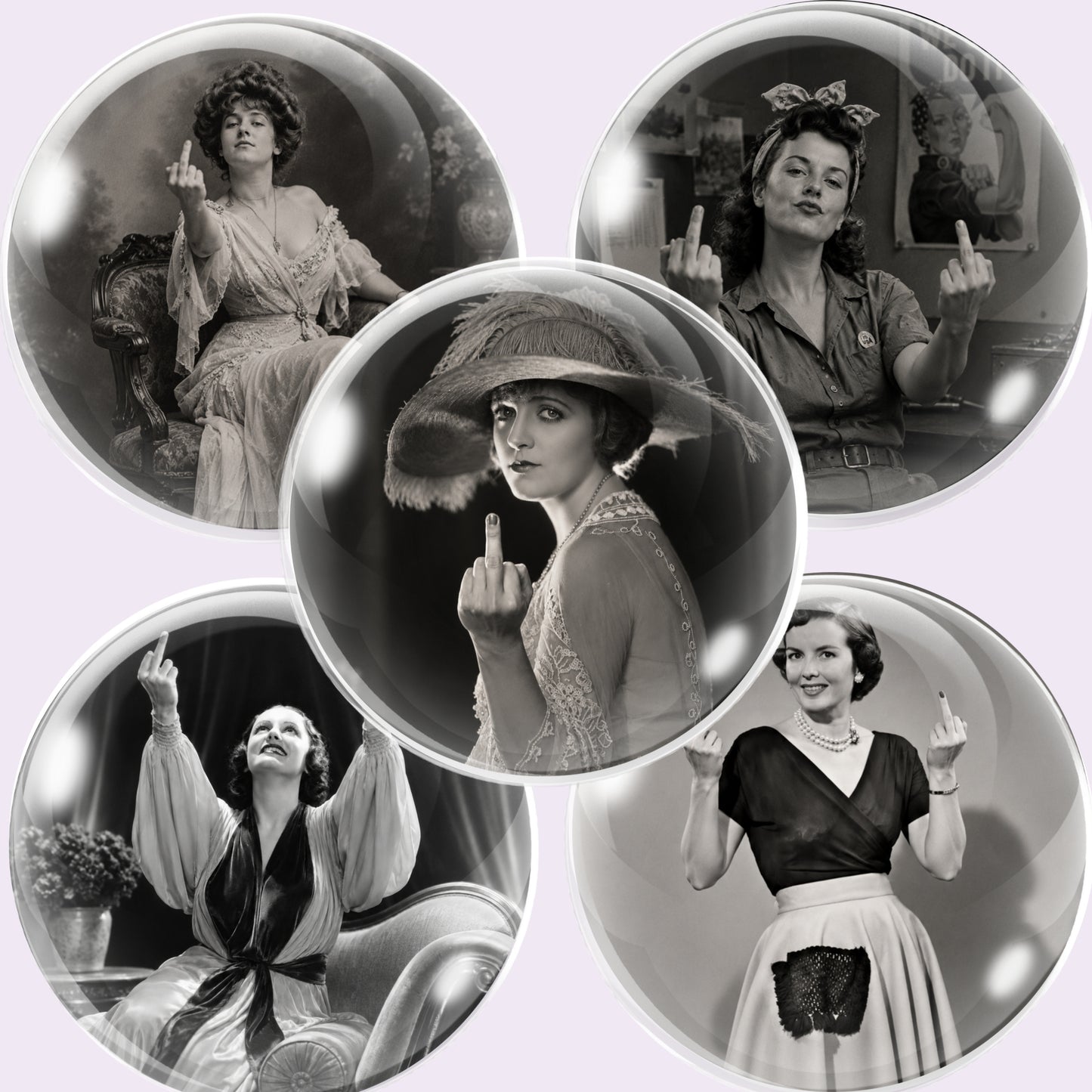 Five circular glass cabochons featuring vintage black-and-white photographs of women gesturing with their middle fingers, arranged on a pale lavender background.