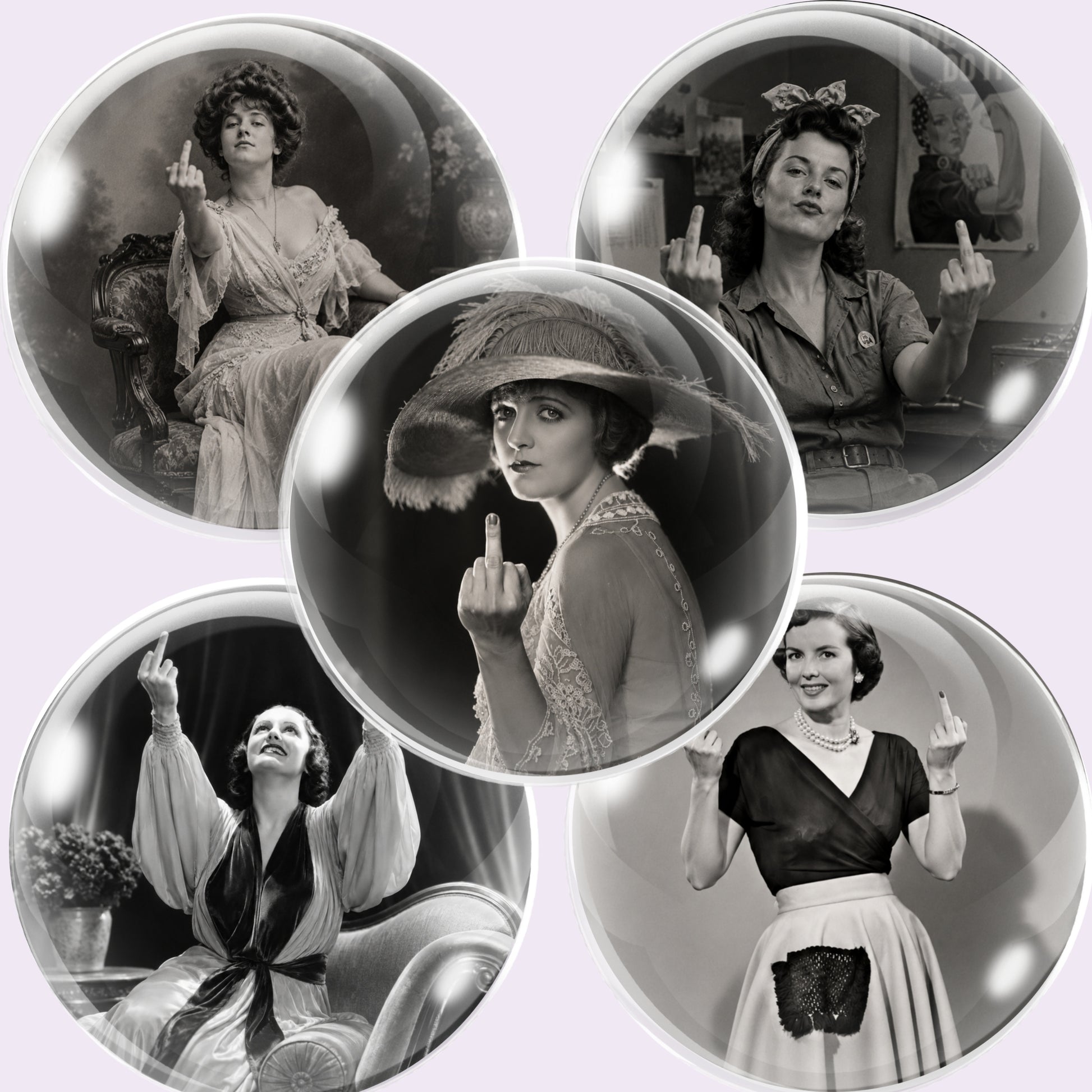 Five circular glass cabochons featuring vintage black-and-white photographs of women gesturing with their middle fingers, arranged on a pale lavender background.