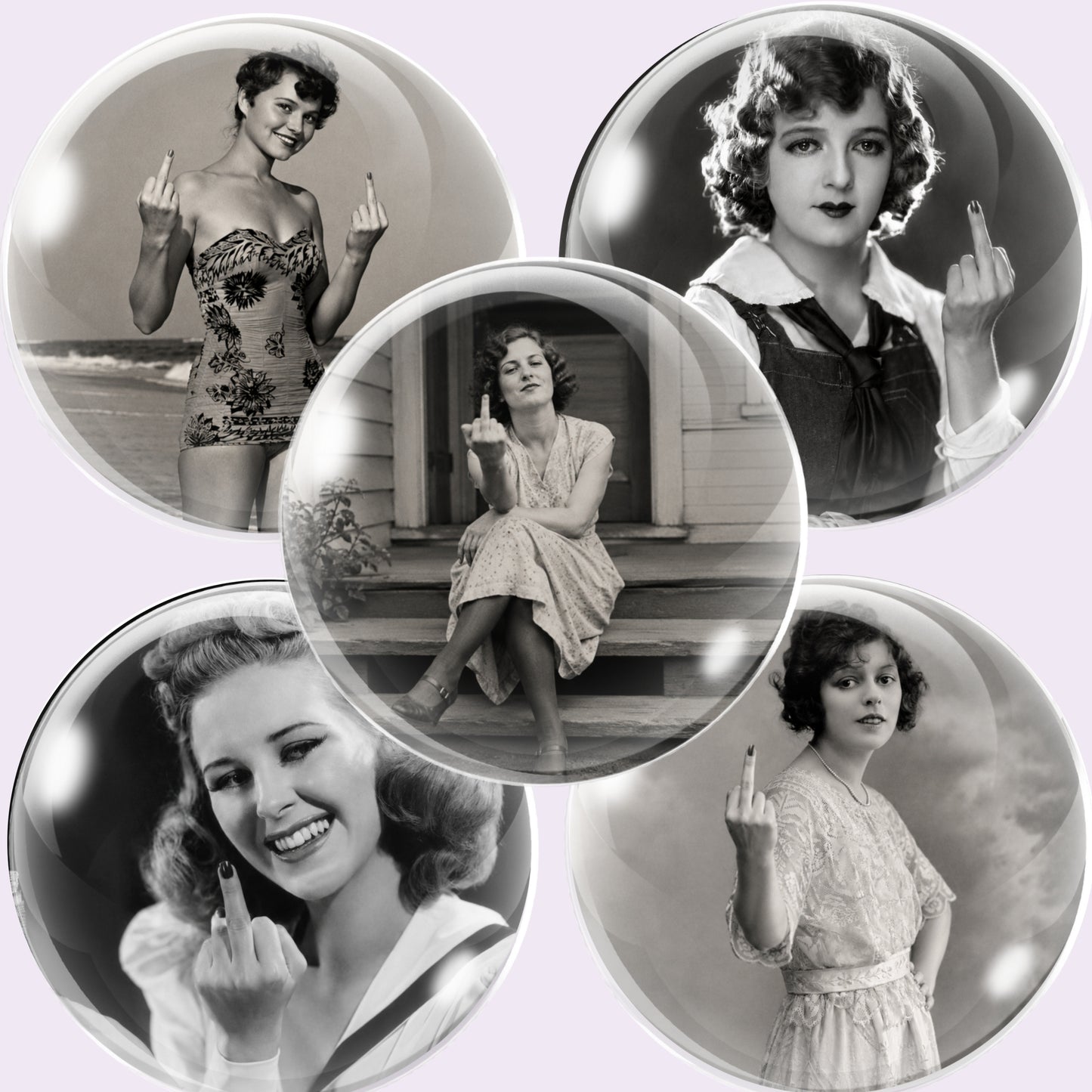 Five circular cabochon images featuring black-and-white vintage portraits sassy women posing with her middle finger, arranged on a pale lavender background.