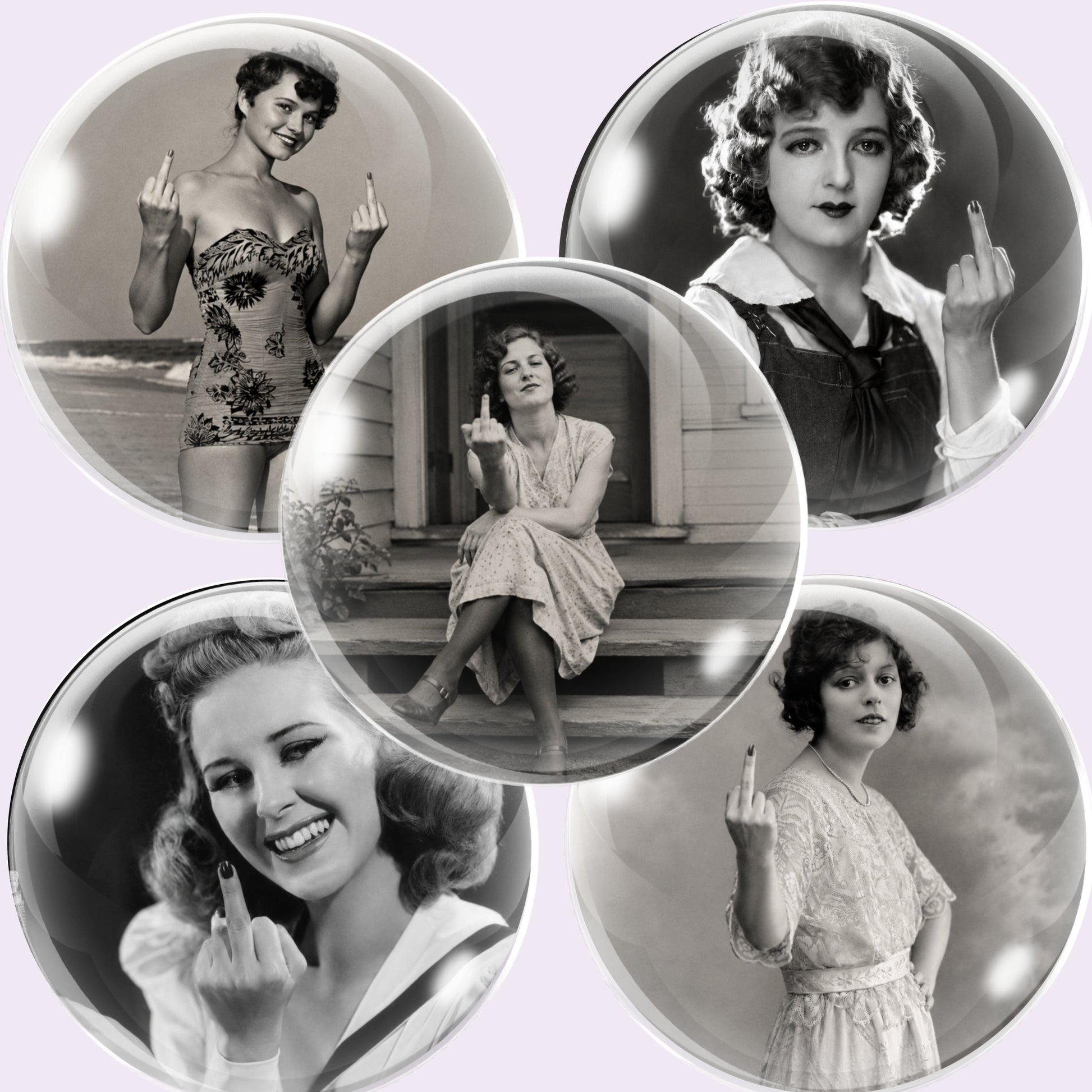 Five circular cabochon images featuring black-and-white vintage portraits sassy women posing with her middle finger, arranged on a pale lavender background.