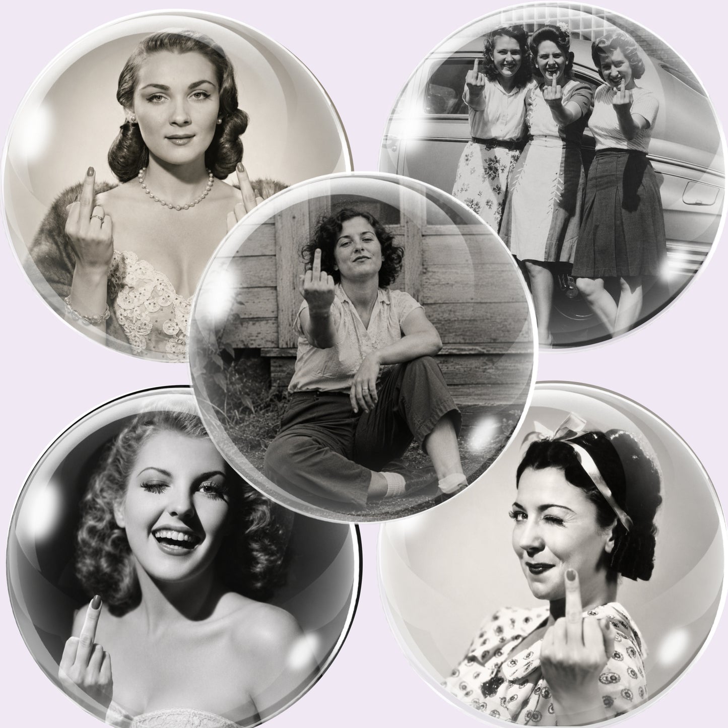 Five round glossy cabochon circles featuring vintage black-and-white photographs of women posing and making the middle finger, arranged on a pale lavender background.
