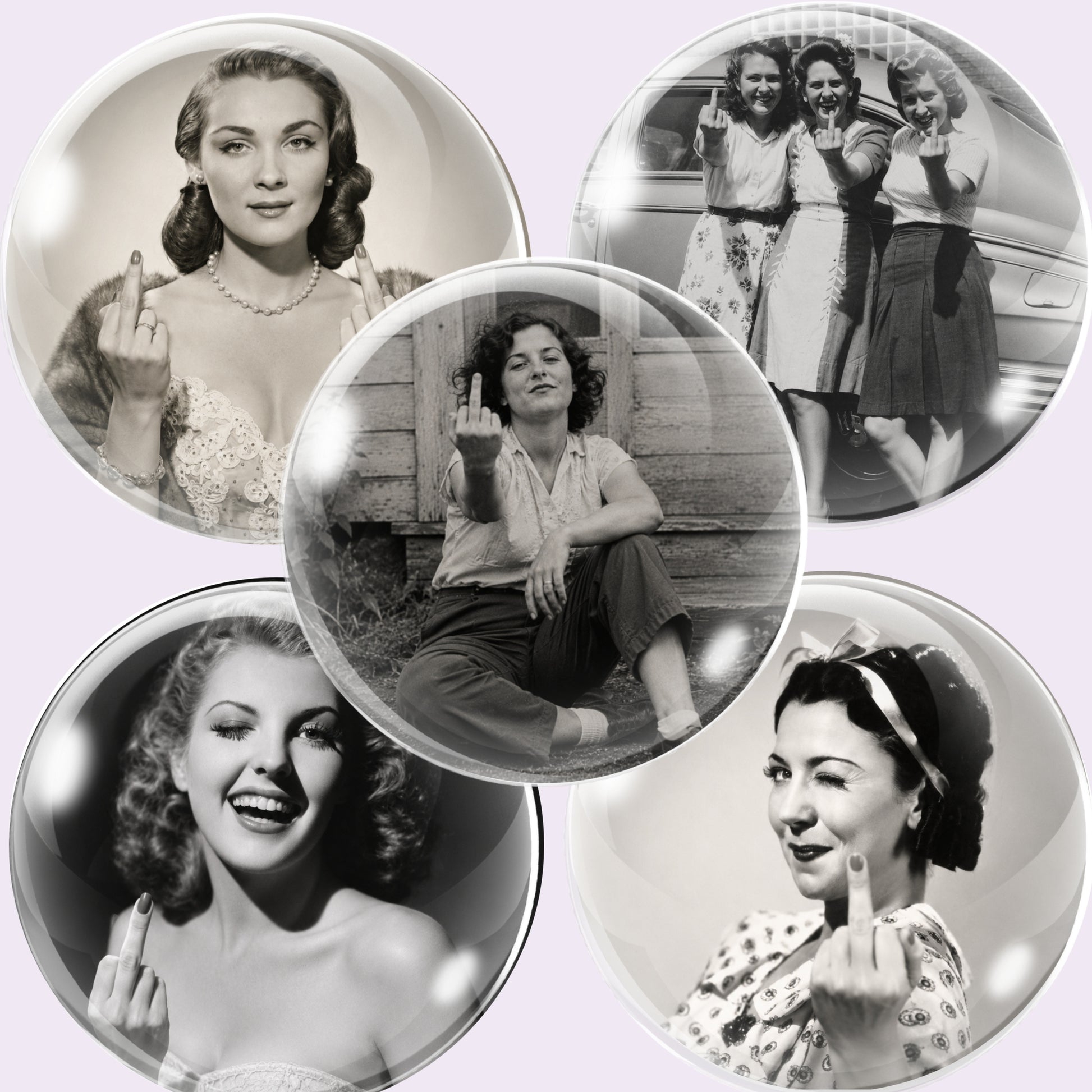 Five round glossy cabochon circles featuring vintage black-and-white photographs of women posing and making the middle finger, arranged on a pale lavender background.