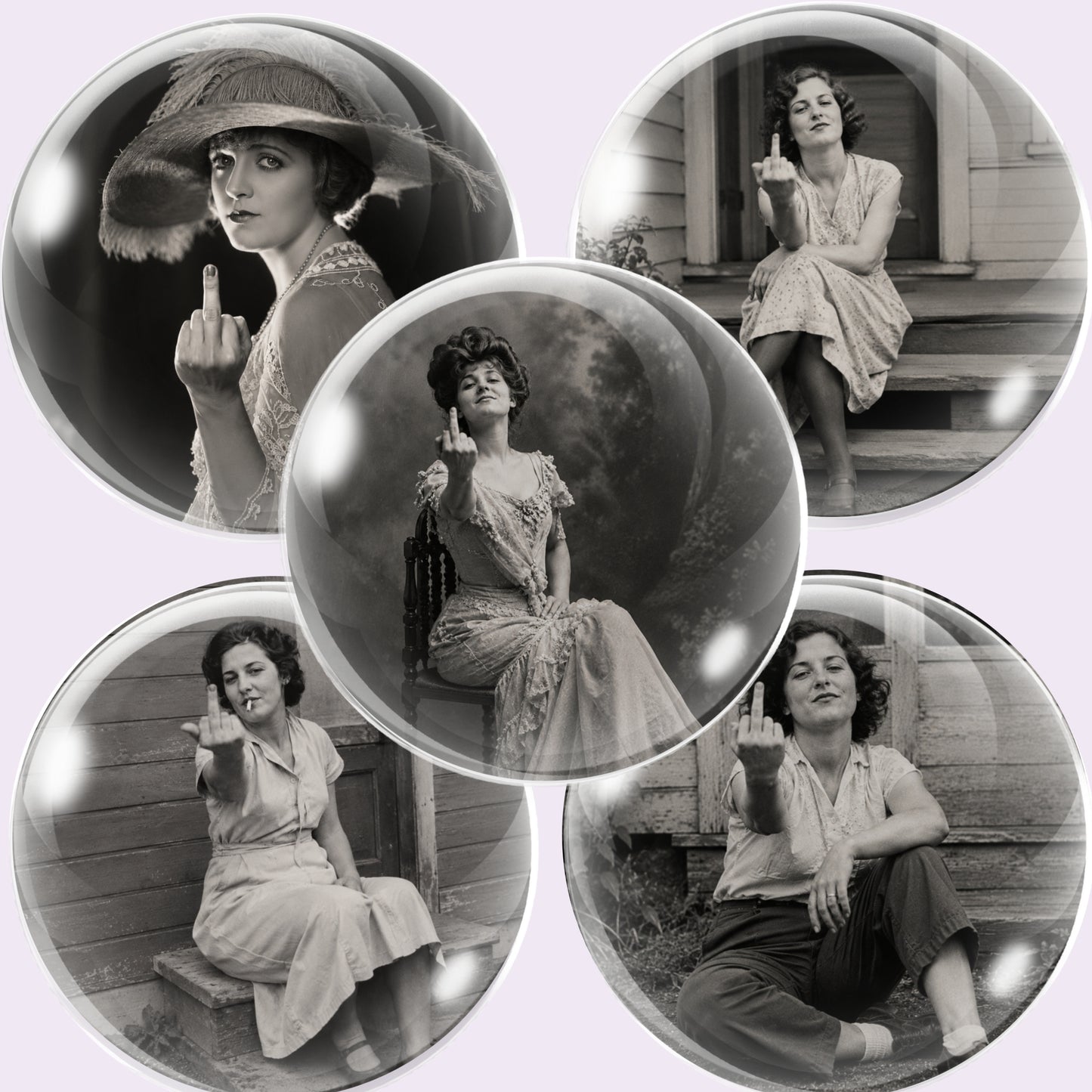 Five circular black-and-white vintage cabochon images arranged in a collage on a pale lavender background. Each print shows a woman in an old-style portrait, with four of them gesturing with their middle fingers.