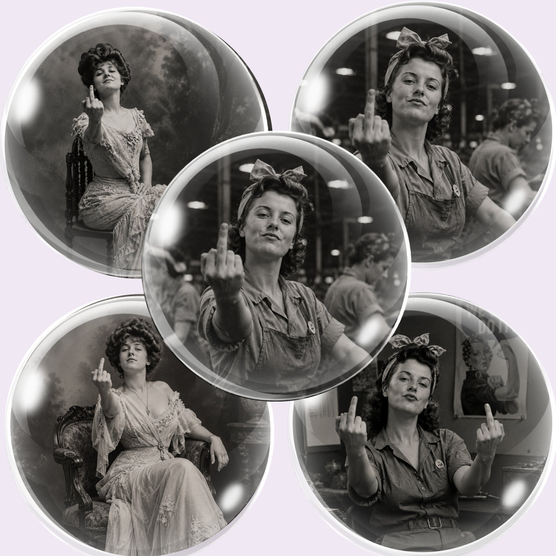 Five circular glass cabochon imagesfeaturing vintage black-and-white photographs of a woman gesturing with her middle finger, arranged on a light lavender background.