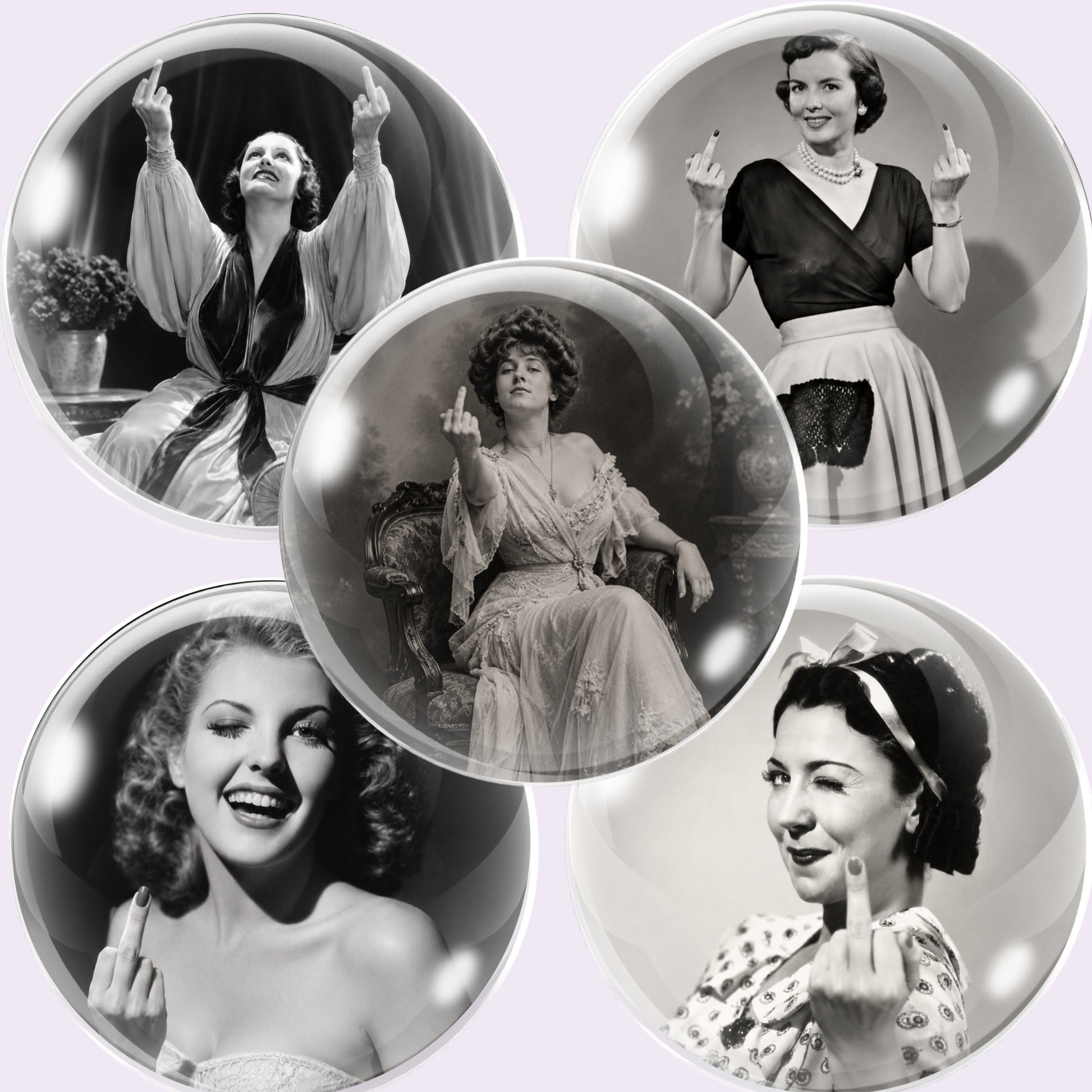 Five circular glass cabochons featuring black-and-white vintage inspired portraits, all arranged on a pale lavender background. Each portrait shows the woman holding up her middle finger.