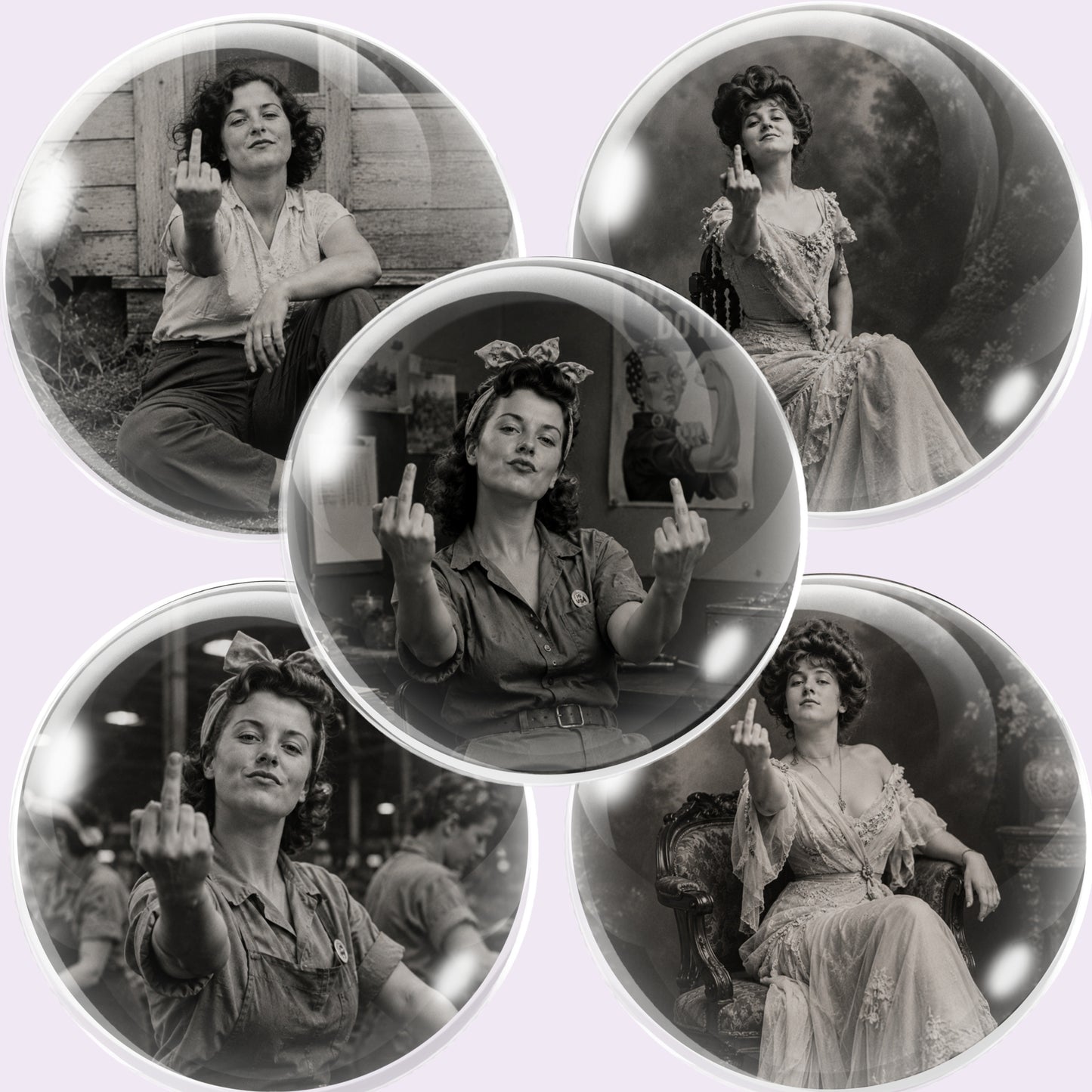 Five round glossy cabochon images featuring vintage black-and-white photographs of a woman gesturing with her middle finger, arranged on a pale lavender background.