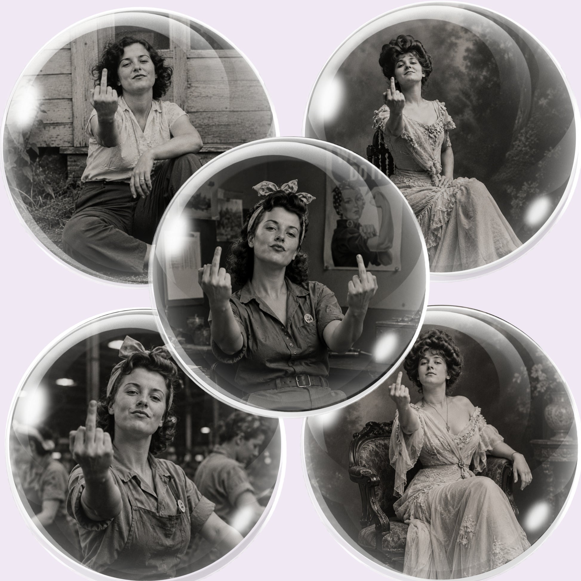 Five round glossy cabochon images featuring vintage black-and-white photographs of a woman gesturing with her middle finger, arranged on a pale lavender background.