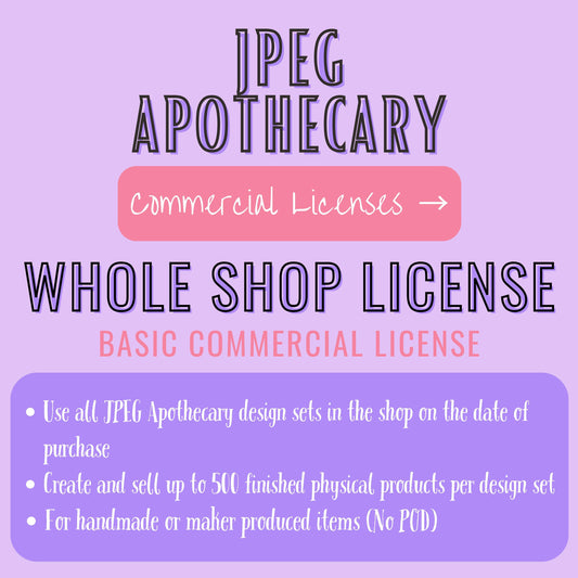 A digital promotional graphic for a JPEG Apothecary commercial license, featuring stylized text on a lavender background with a pink label and a purple information box.