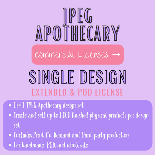Promotional graphic for a JPEG Apothecary single design commercial license, featuring stylized text on a lavender background with a pink banner and a purple information box listing features and usage details.