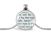 Silver-toned necklace with pendant featuring upcycled book page text on a white background