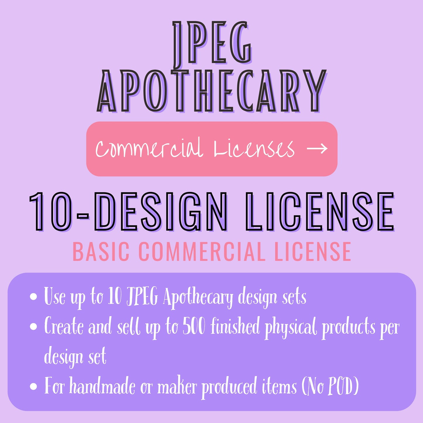 A digital promotional graphic for a 'JPEG Apothecary' 10-design commercial license, featuring text on a lavender background with a pink banner and a purple info box.