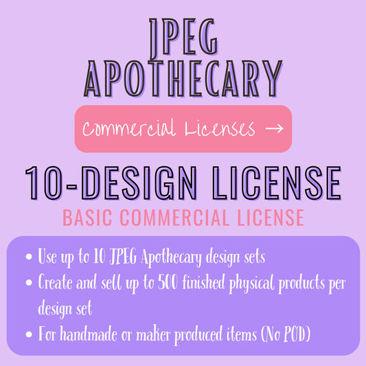 A digital promotional graphic for a 'JPEG Apothecary' 10-design commercial license, featuring text on a lavender background with a pink banner and a purple info box.