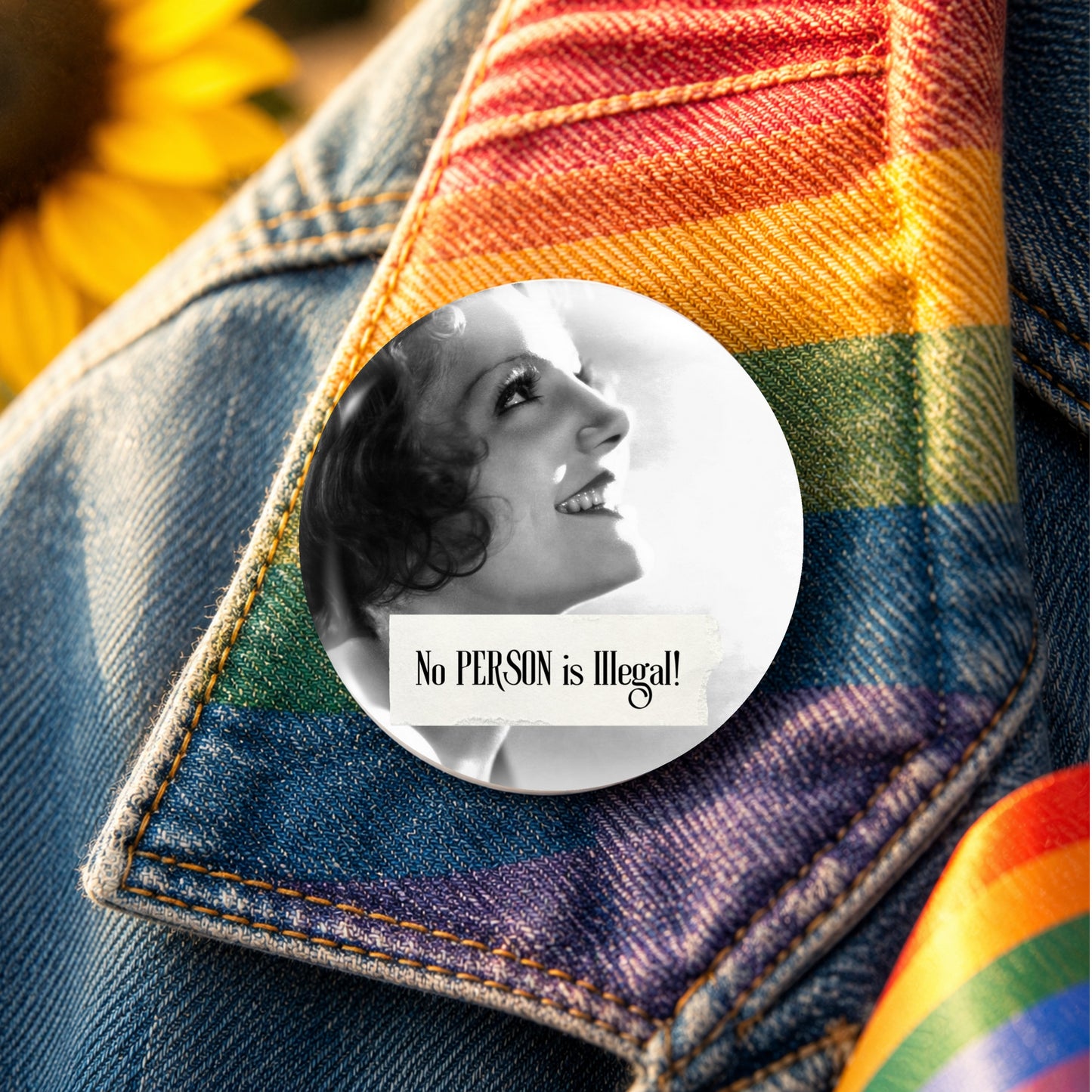 A circular pin-back button badge featuring a black-and-white portrait of a smiling woman and the text 'No PERSON is Illegal!' placed on a denim jacket with a rainbow-striped fabric accent.