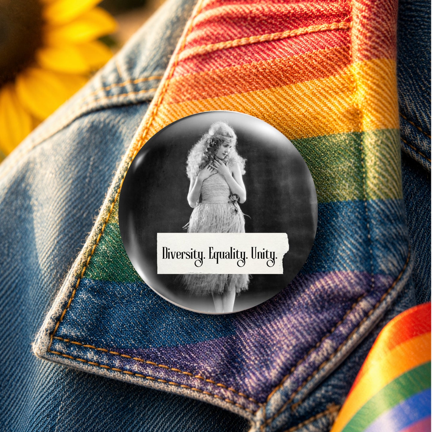 Retro woman on a pin back button with writing "Diversity. Equality. Unity." on a rainbow denim lapel
