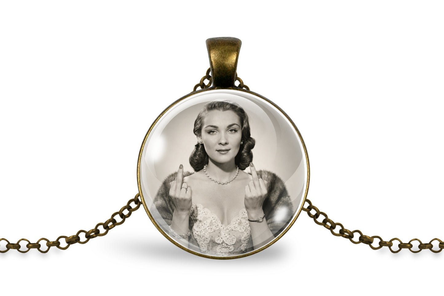 An antique bronze round pendant necklace featuring a black and white vintage-style portrait of a woman making a gesture, suspended from a matching chain on a white background.