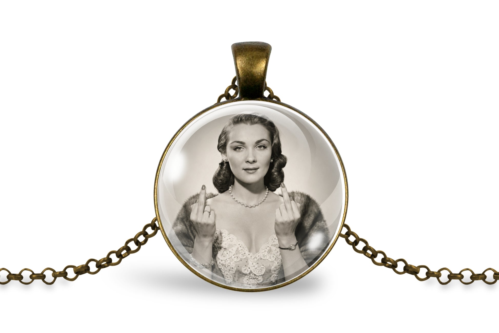 An antique bronze round pendant necklace featuring a black and white vintage-style portrait of a woman making a gesture, suspended from a matching chain on a white background.