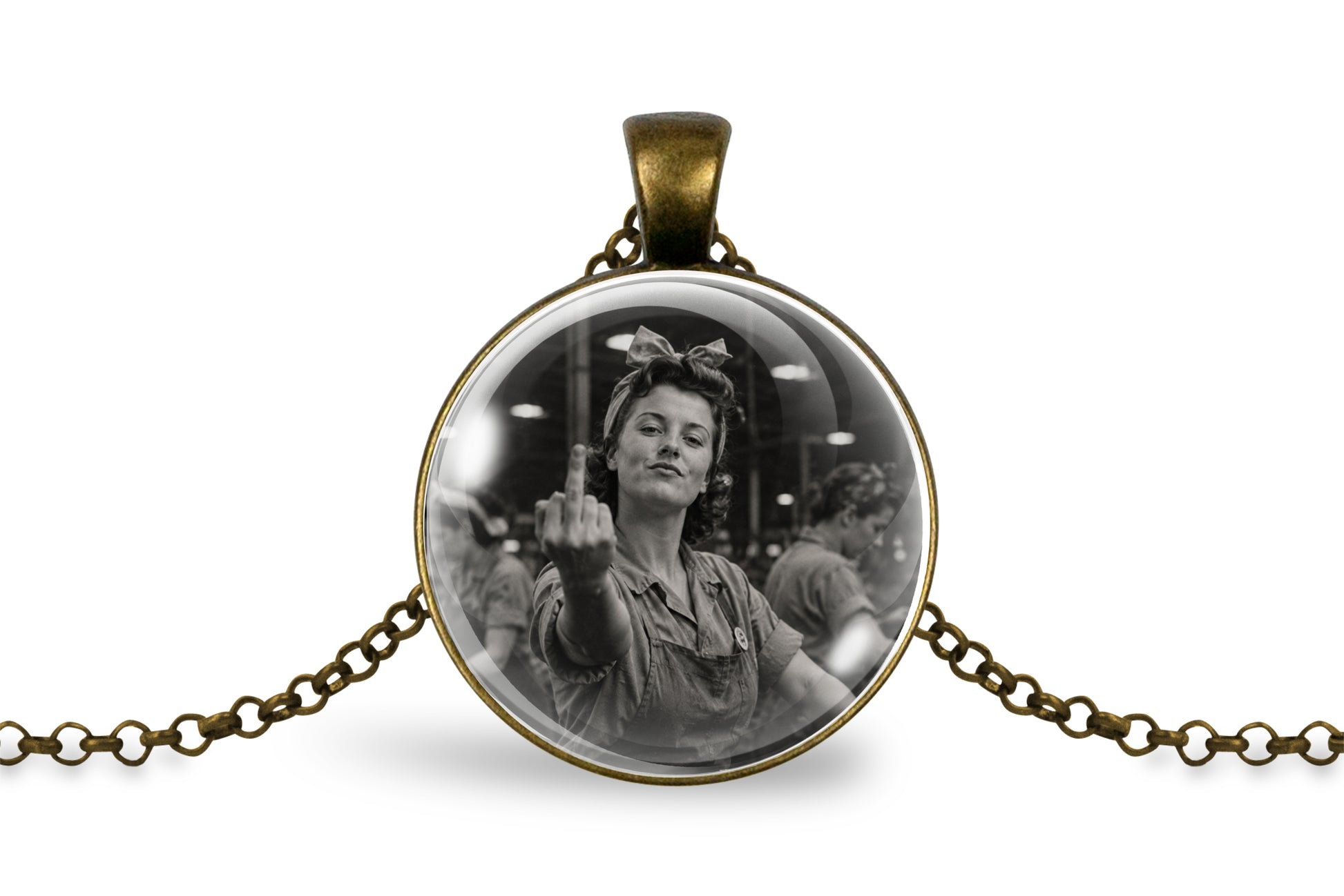 An antique bronze round pendant necklace featuring a black-and-white photo of a manufacturing line woman gesturing with her middle finger, displayed on a clean white background.