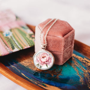 Pink peony pendant necklace for November birthdays - Whimsy Spirit Shop