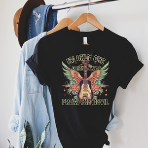 Vintage Inspired Rock 'n' Roll Guitar Tee - "One Drink Away from the Devil" Graphic T-Shirt T-Shirts Whimsy Spirit Store   