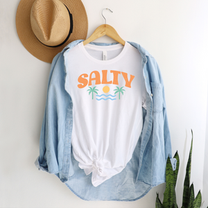 White 'Salty' Beach T-Shirt for Women | Casual Summer Tee with Palm Graphic | Sizes XS-5XL T-Shirts Whimsy Spirit Store   
