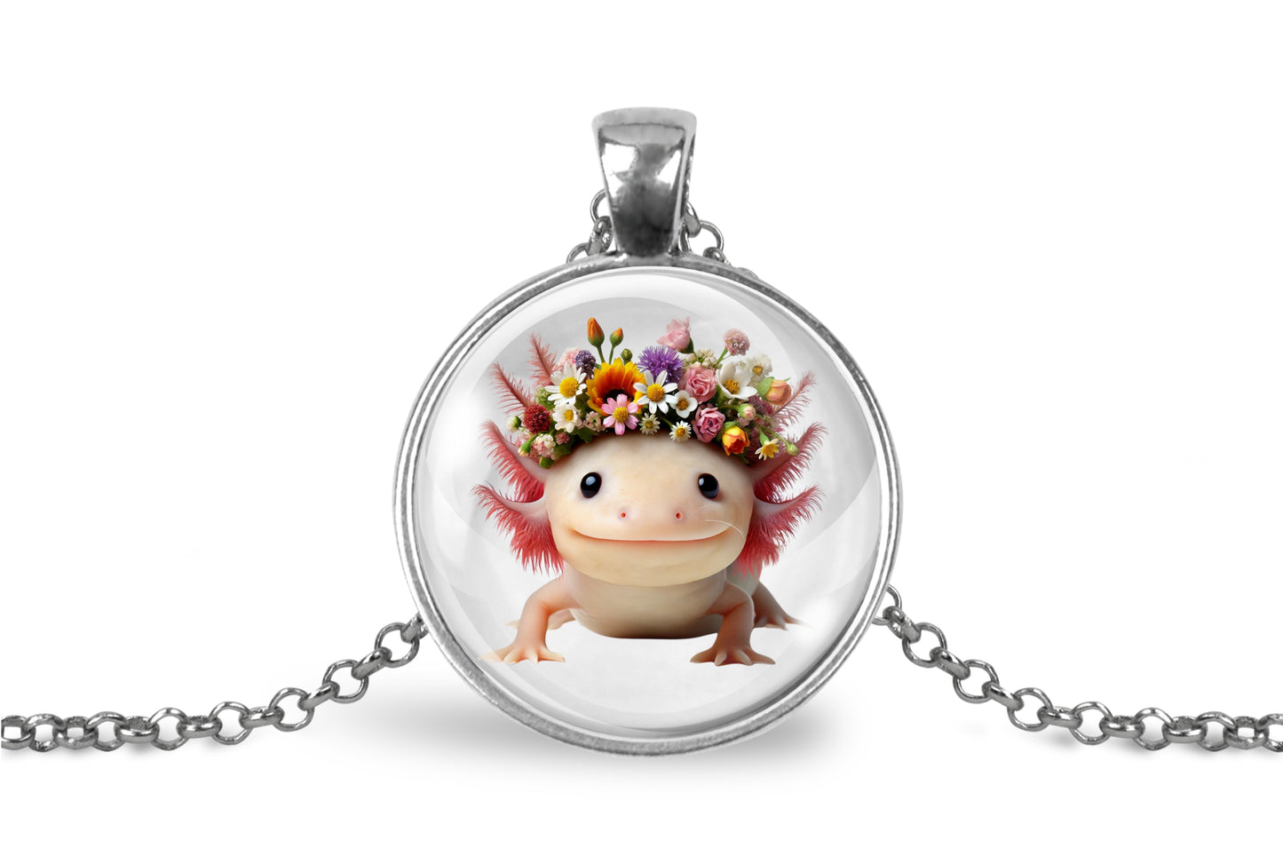 Pendant with axolotl wearing a flower crown on a white background