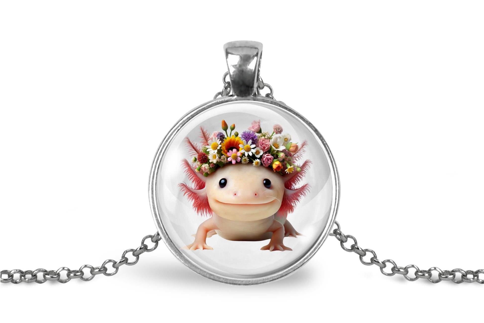 Pendant with axolotl wearing a flower crown on a white background