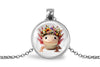 Pendant with axolotl wearing a flower crown on a white background
