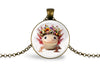 Necklace with pendant featuring axolotl with floral crown on white background