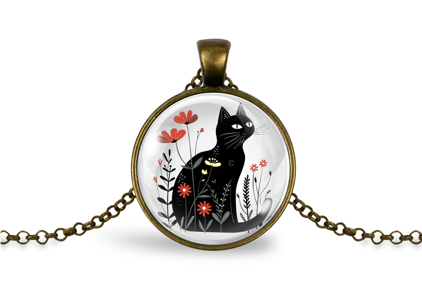 Black Cat Necklace – Floral Wildflower Pendant
