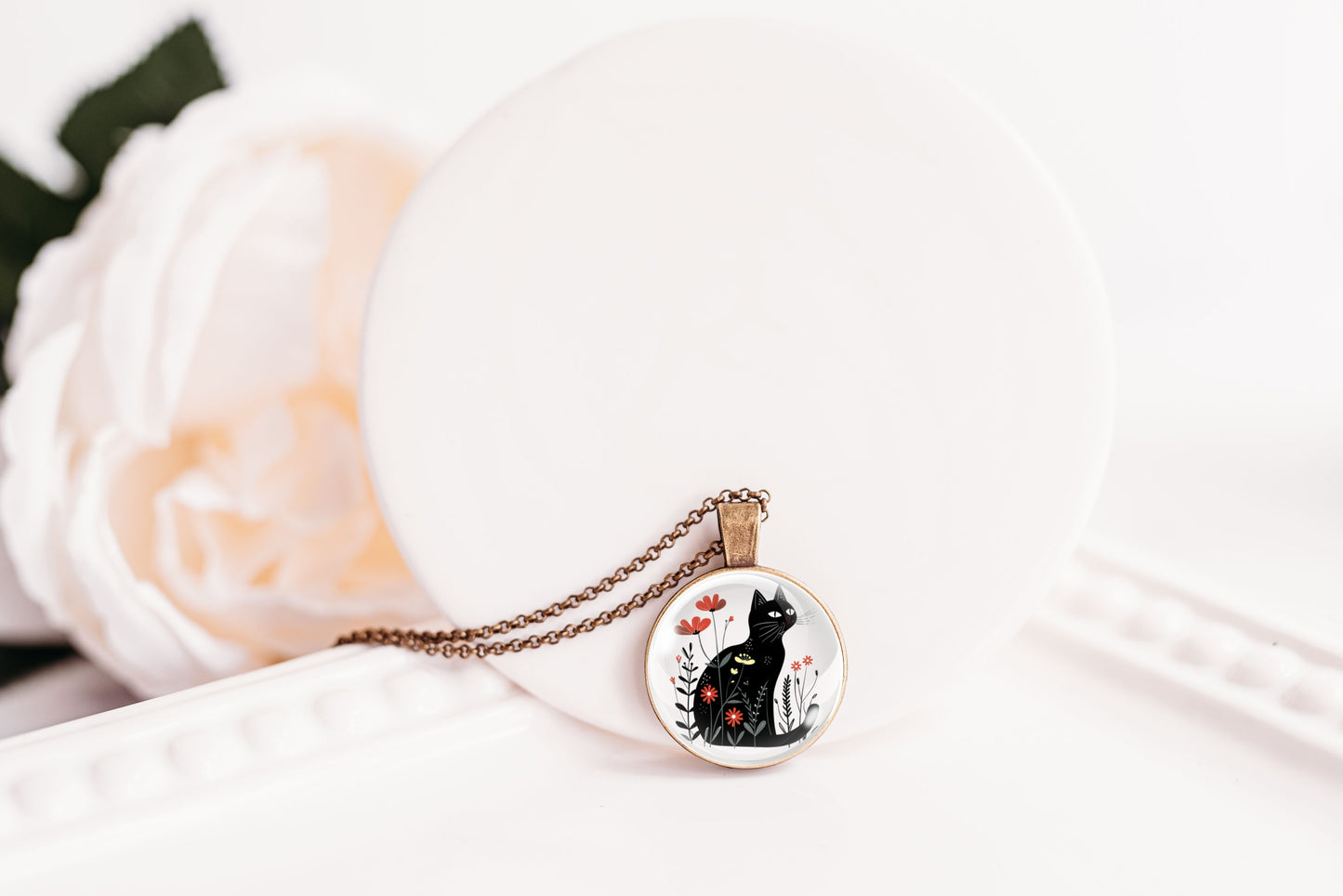 Black Cat Necklace – Floral Wildflower Pendant