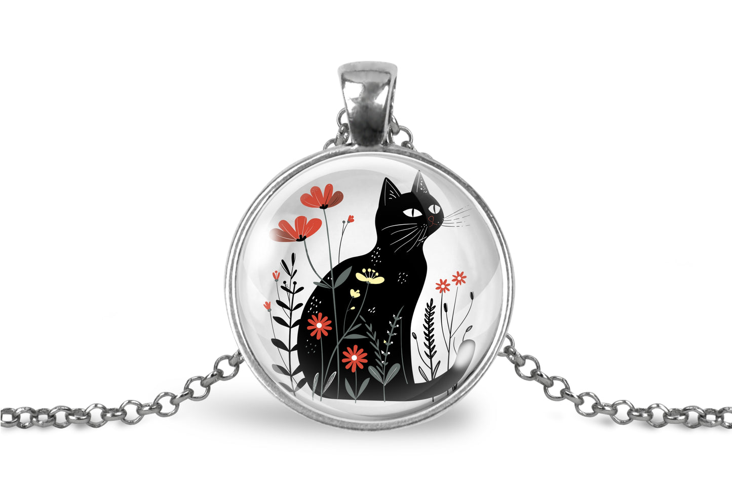 Black Cat Necklace – Floral Wildflower Pendant