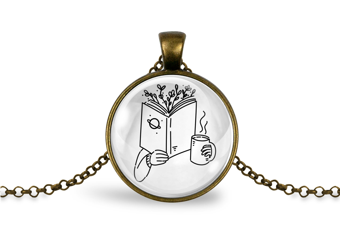 Necklace with a bronze-plated pendant featuring an image of a hand holding a book with branches coming out of the top and a cup, on a white background